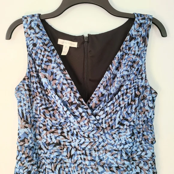 London Times Blue & Tan Sheer Ruffled Skirt V-Neck Sleeveless Midi Dress Size 10 - Picture 2 of 7